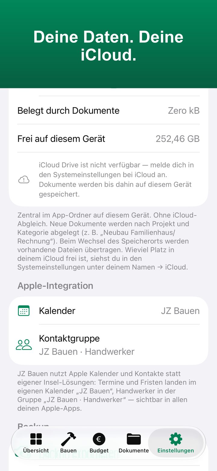 Einstellungen: Speicherort iCloud Drive, Apple-Kalender und Kontaktgruppe für Handwerker