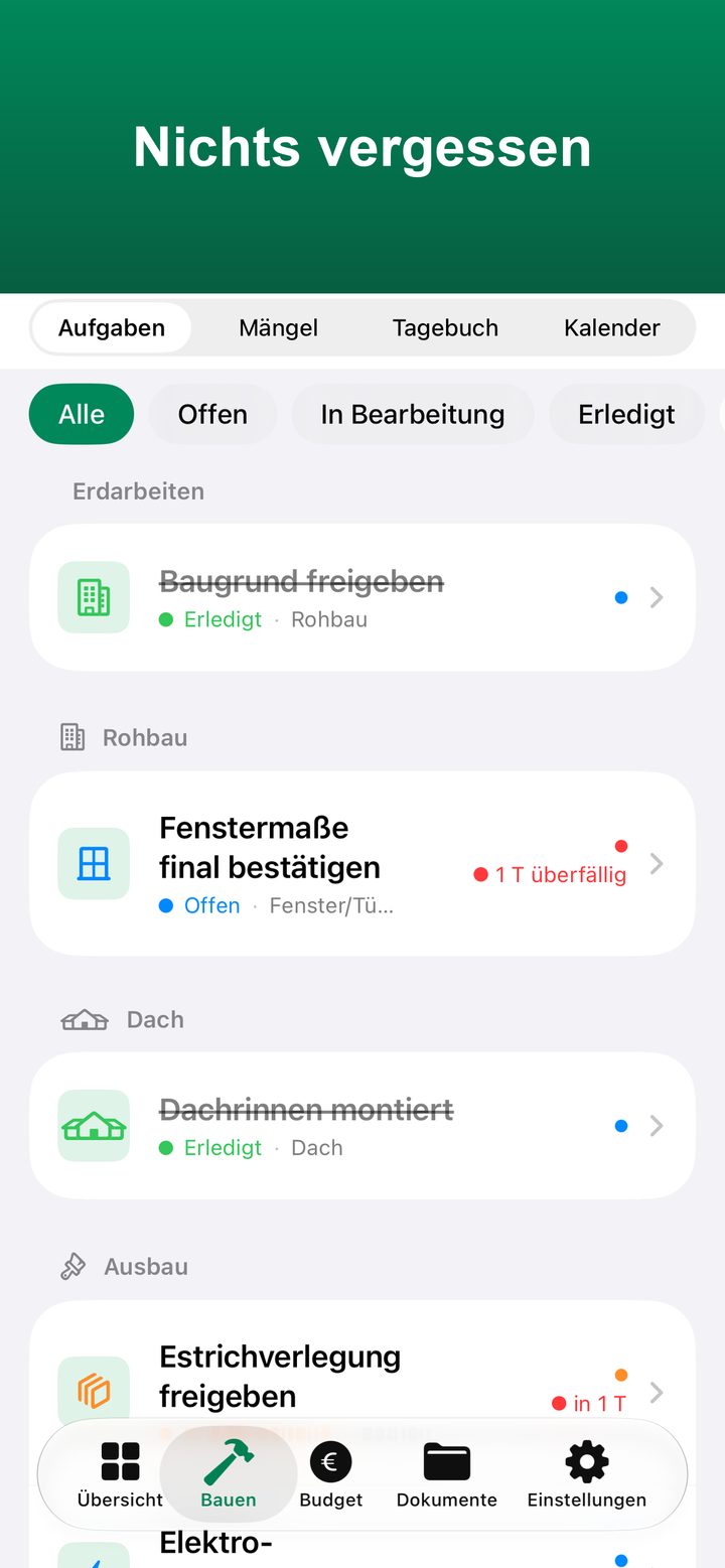 Aufgabenkatalog nach Bauphasen mit Status und Fälligkeit