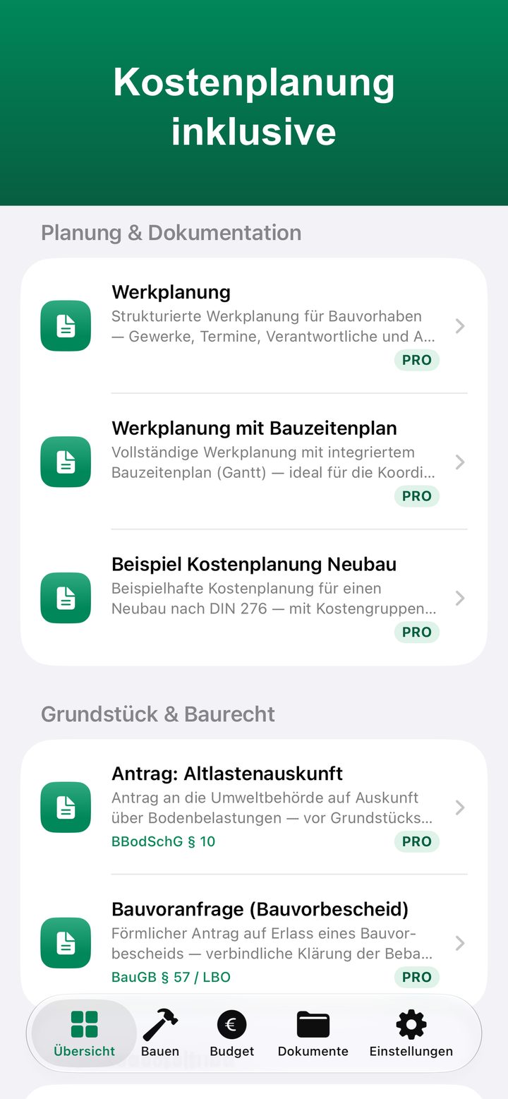 Vorlagenkatalog: Werkplanung, Bauzeitenplan und Beispiel-Kostenplanung nach DIN 276