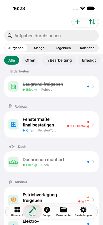Aufgabenliste nach Bauphasen
